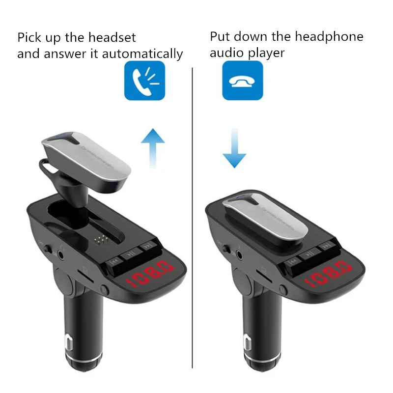 

FM Transmitter Bluetooth V4.2 Handsfree Car Kit + Headset Earphone FM Modulator Adapter Aux Output Inout Support TF Card U-Disk