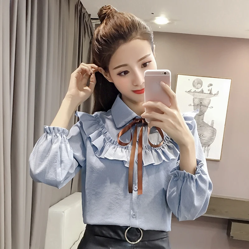 Женская блузка в полоску с бантом и отложным воротником|formal shirts ladies|autumn women blouseswomen