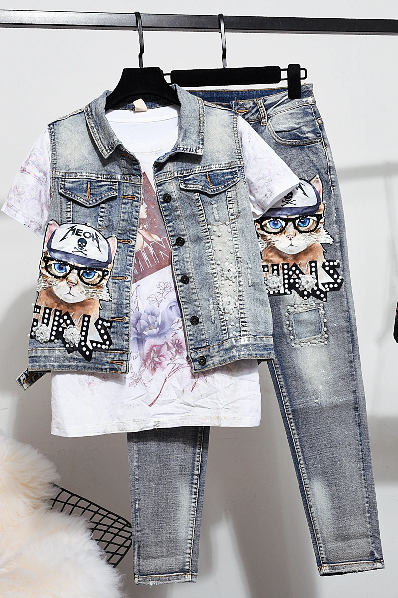 2019 Spring Autumn Women's Jeans Set Fashion Sequins Beading Cat Cowboy Vest +stretch Skinny Small Pants Two Piece Set Female
2019 Spring Autumn Women's Jeans Set Fashion Sequins Beading Cat Cowboy Vest +stretch Skinny Small Pants Two Piece Set Female