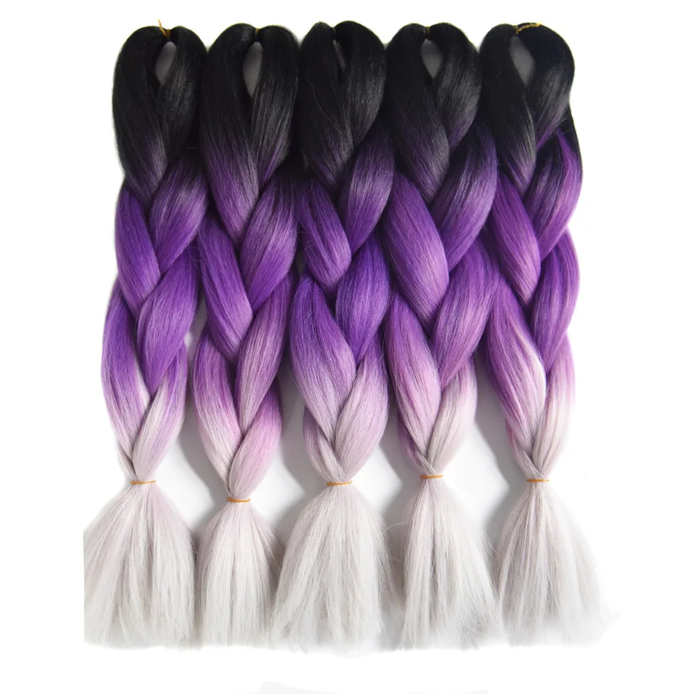 

Sallyhair 24 дюйма Омбре 3 тона черный фиолетовый серебристый серый цвет синтетические плетеные волосы для наращивания