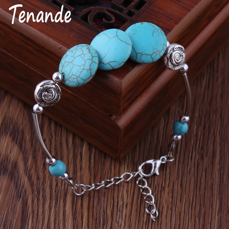 

Tenande Antique Silver Color Carved Flowers Turquoise Natural Stone Beads Bracelets & Bangles for Women Boho Maxi Party Jewelry