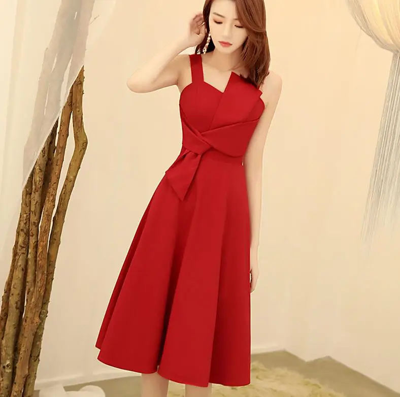 Red Solid Midi Dress Spaghetti Strap Irregular Bow A-line Zipper Women Dresses Vestidos De Festa