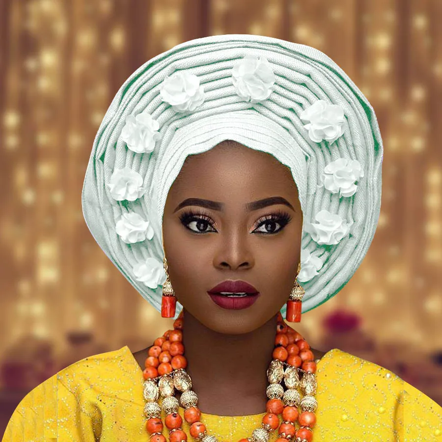 African aso oke auto gele for women with flower Nigerian aso ebi headtie for wedding
African aso oke auto gele for women with flower Nigerian aso ebi headtie for wedding