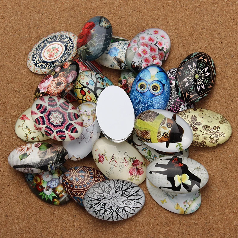 20pcs 20x30mm Mixed Style Oval Flatback Glass Cabochon Jewelry Findings Fit Cameo Pendant Setting Making Accessories F2989
