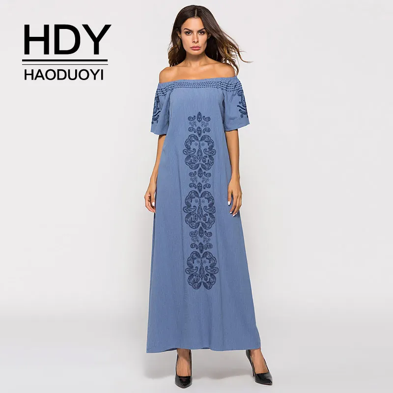 HDY Haoduoyi синее мусульманское платье макси с коротким рукавом длинное цветочным