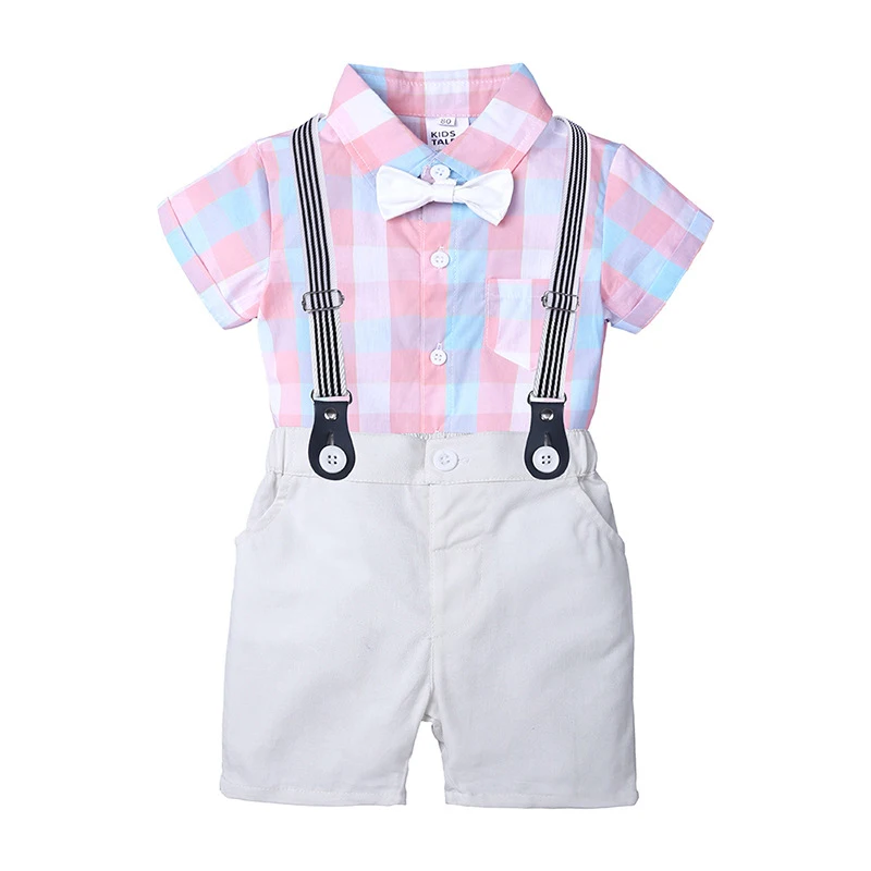 

1-3Y Summer Newborn Baby Boy Clothes Set Pink Grid T-shirt Overalls +White Shorts Outfits Clothes Baby Clothing Set