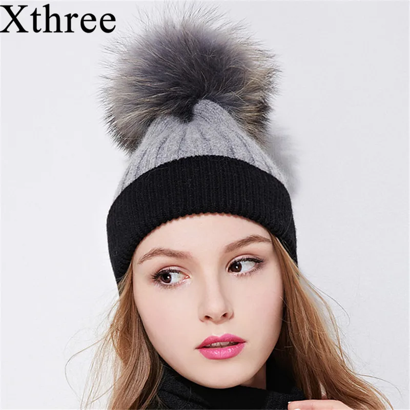 Женская Зимняя Шапка-бини Xthree шапочки с помпоном из натурального меха енота