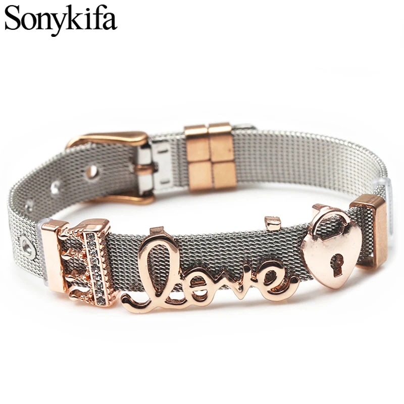 Sonykifa Hot Sale Stainless Steel Mesh Bracelet With LOVE LOCK Charms DIY Fine Bracelets for Woman Girls Party Gifts Jewelry | Украшения и