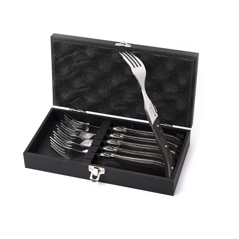 6pcs Laguiole Flatware set Stainless Steel Steak Knives Forks with Cassin siamea Handle Dinner Table Knife Fork in Giftbox
6pcs Laguiole Flatware set Stainless Steel Steak Knives Forks with Cassin siamea Handle Dinner Table Knife Fork in Giftbox