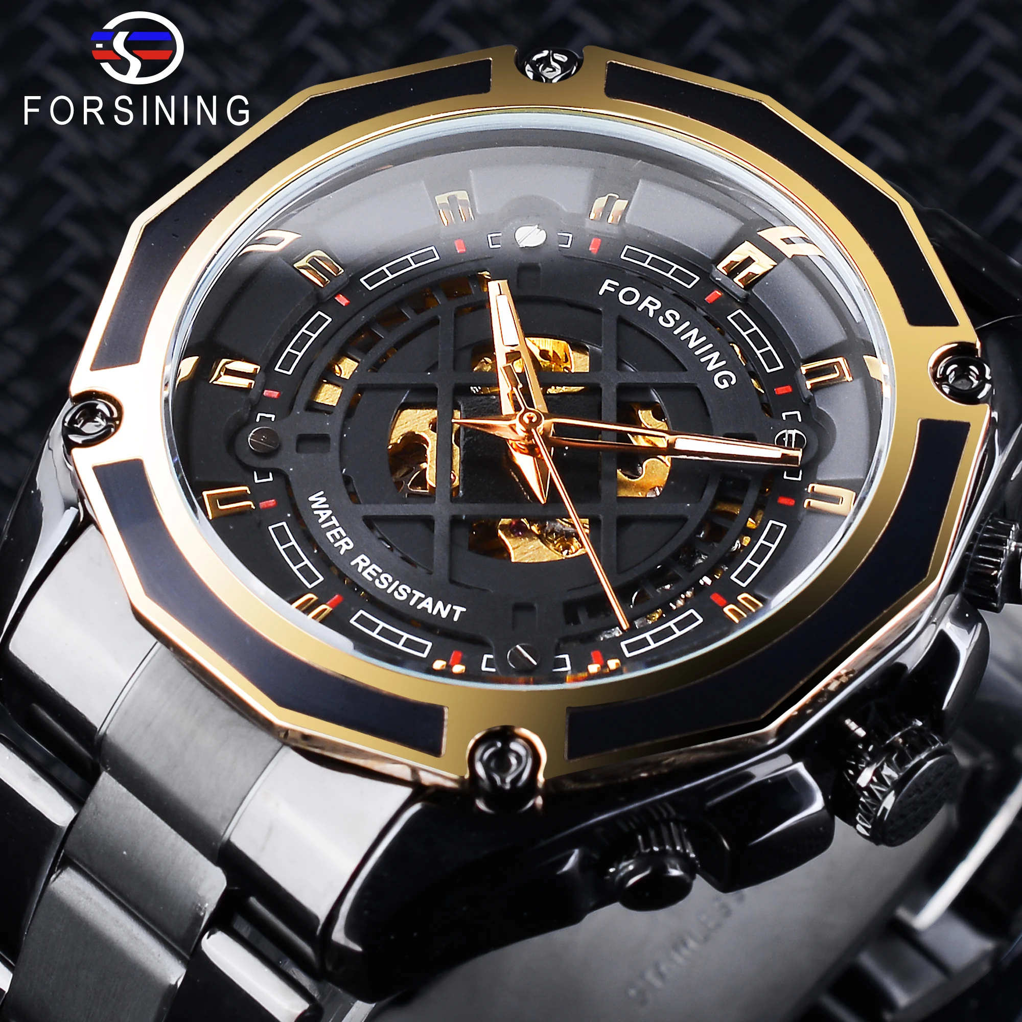 

Forsining 2018 Transparent Watch Luminous Hands Black Stainless Steel Men Automatic Skeleton Watch Top Brand Luxury Montre Homme