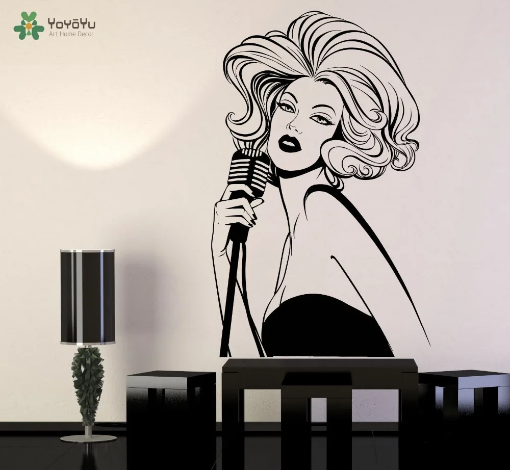 Jazz Singer Woman Wall Sticker Vinyl Retro Microphone Pattern Sexy Lady Decal Music Livingroom Decor Home Art Mural SY445 | Дом и сад