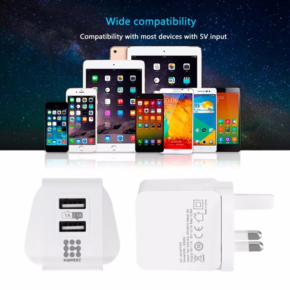 HAWEEL 2 USB Ports Travel Charger For iPhone 1A/2.1A Charger For Galaxy/Huawei/Xiaomi/LG/HTC SmartPhones UK Plug
HAWEEL 2 USB Ports Travel Charger For iPhone 1A/2.1A Charger For Galaxy/Huawei/Xiaomi/LG/HTC SmartPhones UK Plug