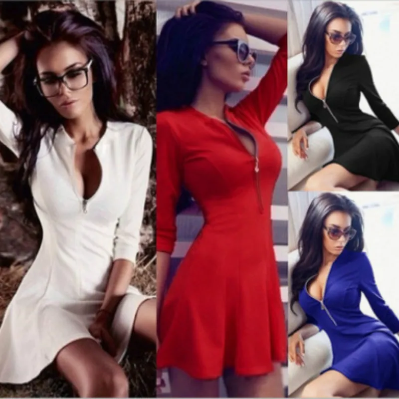 2018 Women Solid Color Zipper Dress Front Zipper Dress Sexy V Neck Elastic High Waist Autumn Female Fashion Mini Dress Black Red
2018 Women Solid Color Zipper Dress Front Zipper Dress Sexy V Neck Elastic High Waist Autumn Female Fashion Mini Dress Black Red