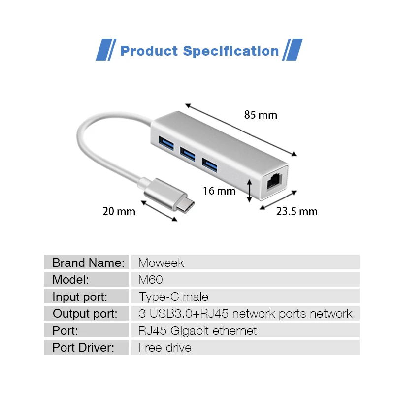 Moweek USB 3 0 концентратор type c для Ethernet сетевой адаптер 1000 Мбит/с RJ45 usb с портами