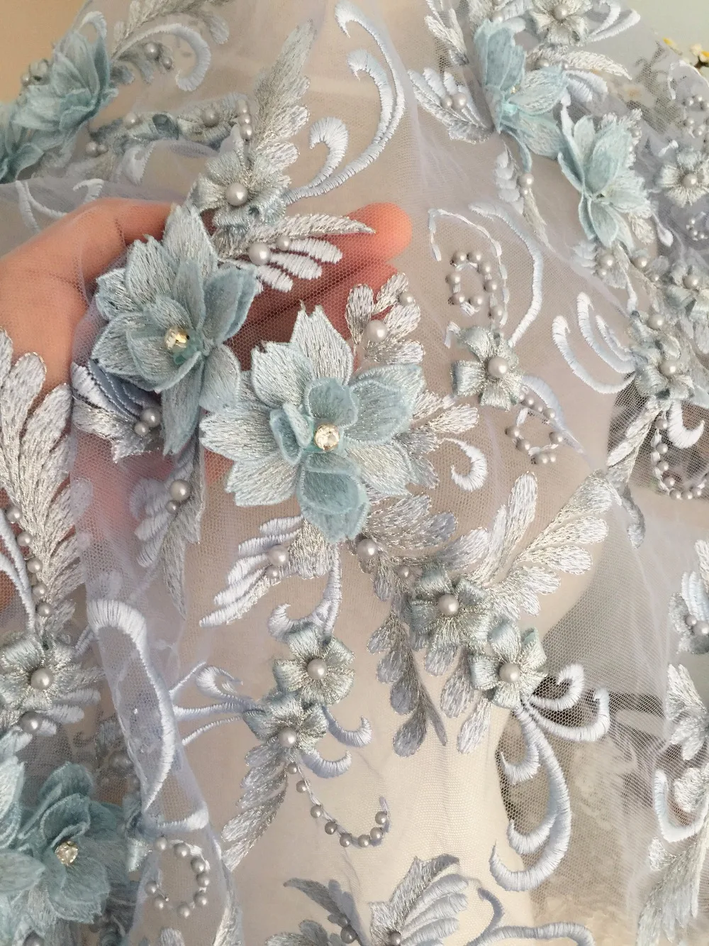 Lux 3D Pearl Beaded Blossom Floral Embroidery Lace Fabric in Smoke Blue by Yard , Haute Couture Bridal Wedding Gown Fabric
Lux 3D Pearl Beaded Blossom Floral Embroidery Lace Fabric in Smoke Blue by Yard , Haute Couture Bridal Wedding Gown Fabric