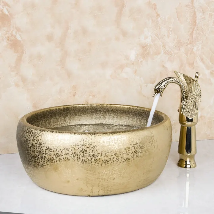 

Tall Golden Swan Basin Tap Bathroom Set Sink Washbasin Ceramice Lavatory Bath Sink Combine Set Torneira Tap Mixer Faucet