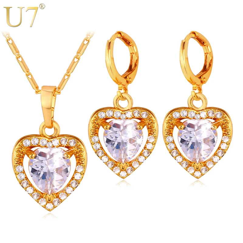 U7 Cubic Zirconia Love Heart Jewelry Set Silver/Gold Color Crystal Earrings Pendant Necklace Set Women Gift Wedding/Party S724
U7 Cubic Zirconia Love Heart Jewelry Set Silver/Gold Color Crystal Earrings Pendant Necklace Set Women Gift Wedding/Party S724
