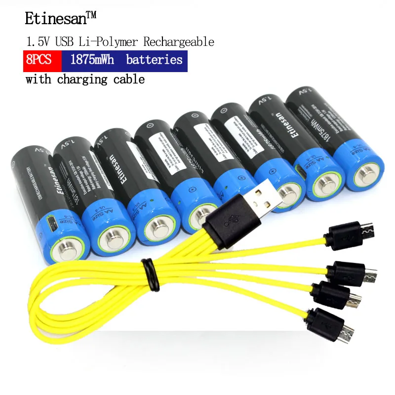Etinesan 8pcs 1.5V AA 1875mWh li-polymer li-po rechargeable lithium li power USB battery + Micro USB charging cable line
Etinesan 8pcs 1.5V AA 1875mWh li-polymer li-po rechargeable lithium li power USB battery + Micro USB charging cable line
