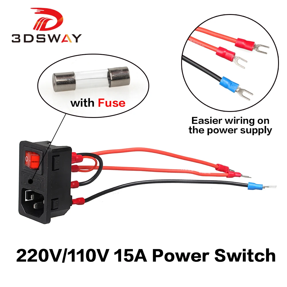 3DSWAY 3D Printer Parts Power Supply Socket Switch With Fuse 220V/110V 15A Short Circuit Protection Safety Switch 20cm Cable
3DSWAY 3D Printer Parts Power Supply Socket Switch With Fuse 220V/110V 15A Short Circuit Protection Safety Switch 20cm Cable