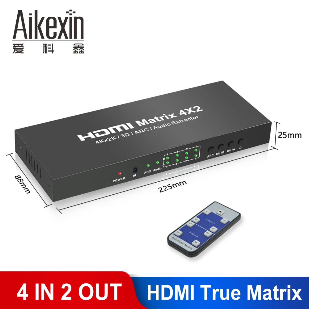 Aikexin HDMI Matrix 4X2 Switch Splitter Converter Adapter with Remote Control Full HD 4Kx2K 3D 1080P HDMI Matrix 4 In 2 Out
Aikexin HDMI Matrix 4X2 Switch Splitter Converter Adapter with Remote Control Full HD 4Kx2K 3D 1080P HDMI Matrix 4 In 2 Out