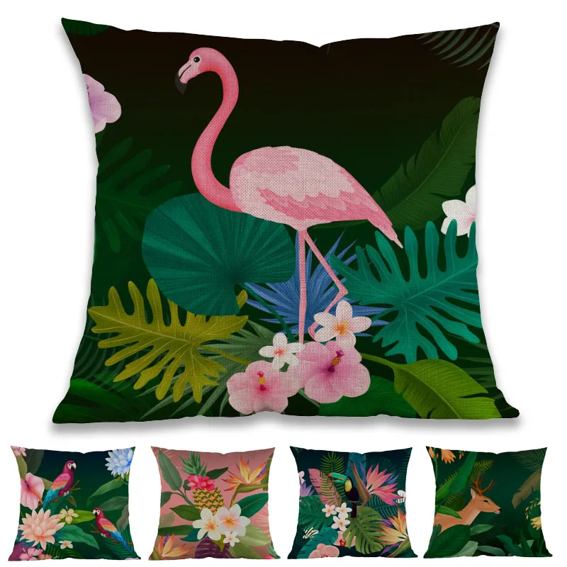 

Nordic Style Tropical Plant Leaves Animals and Birds Flamingo Toucan Deer Throw Pillow Case Home Decorative Sofa Cushion Cover