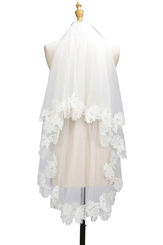 Two Layer Cheap Short Wedding Veil With Comb Lace Edge Bridal Voile Marriage Elbow Length Accessories 2019 HotSale | Свадьбы и