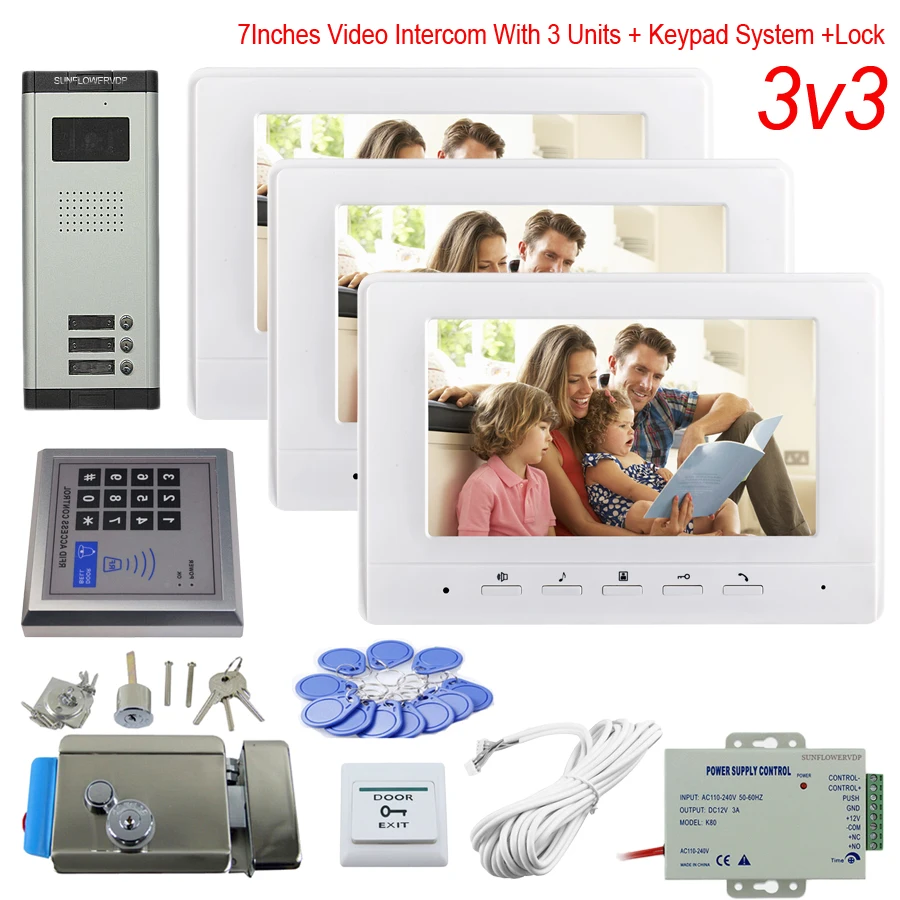 Access Control Keypad 3 Apartments Video Phone Color 7" Indoor Monitor Doorbell With Camera + Electronic Door Lock System Unit
Access Control Keypad 3 Apartments Video Phone Color 7" Indoor Monitor Doorbell With Camera + Electronic Door Lock System Unit