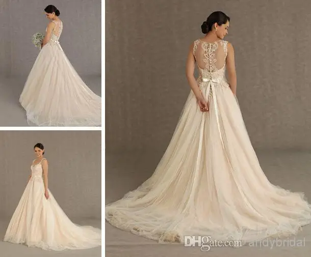 Free DHL Veluz Reyes Sheer Straps Backless Bridal Gown Beaded Appliques/Lace Cathedral Champagne Wedding Dresses withBow Belt | Свадьбы и