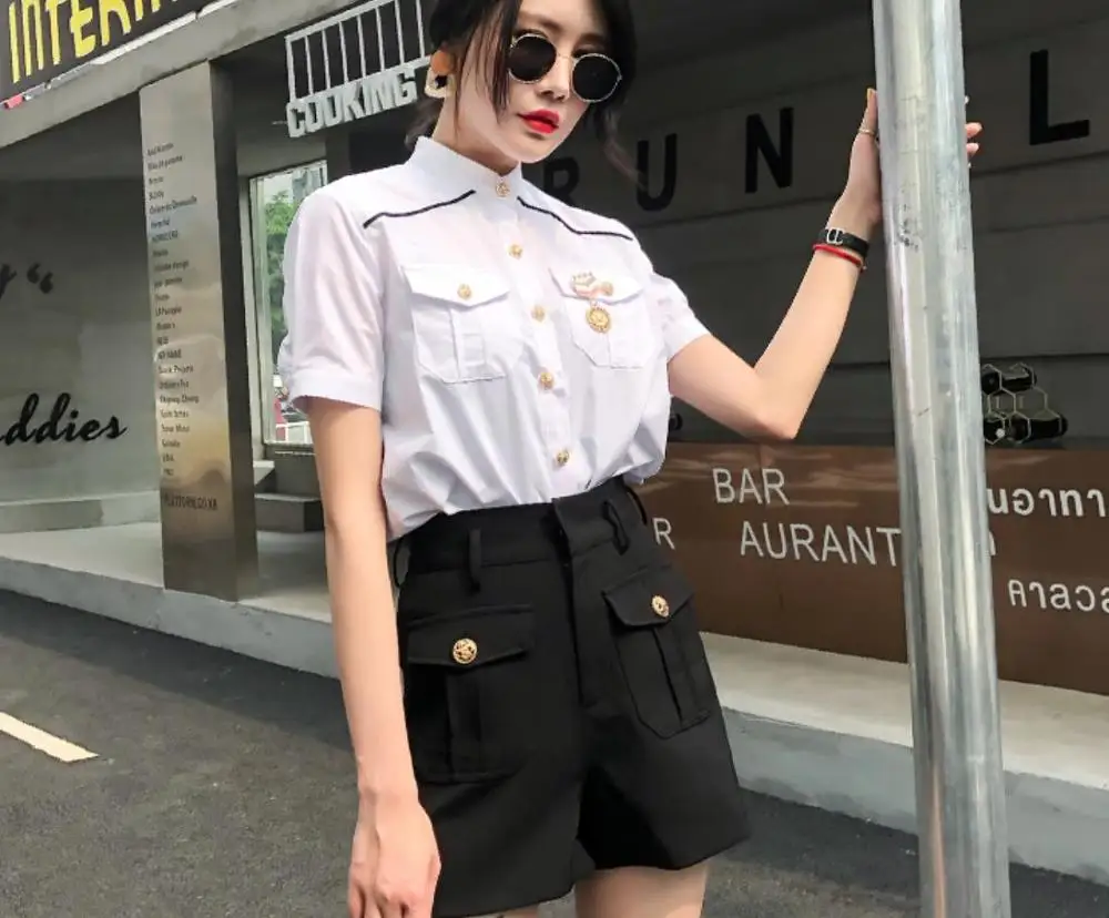 Military stand collar white shirt female short sleeve 2019 summer new pocket badge white shirt
Military stand collar white shirt female short sleeve 2019 summer new pocket badge white shirt