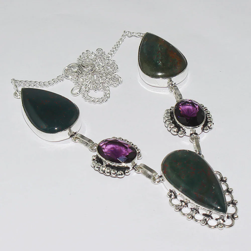 Blood Stone & Amethysts Necklace Silver Overlay over Copper , 51cm, N1053