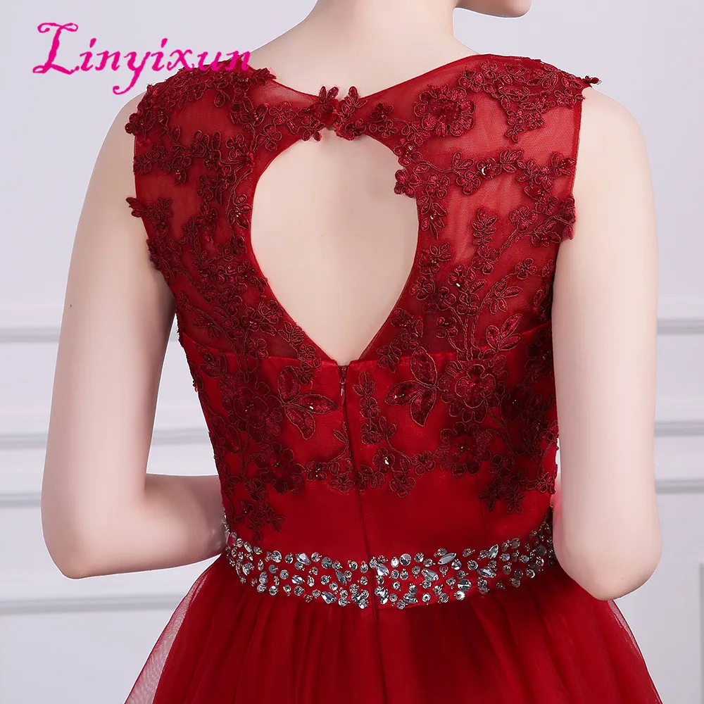 Linyixun New Short Prom Dresses Red Lace Homecoming 2018 Tulle With Appliques Crystal Beads Belt Cocktail Dress | Свадьбы и