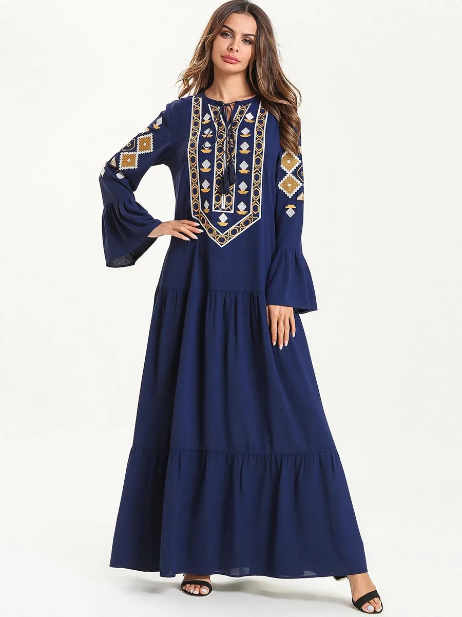 Bohemian Mexican Abaya Women Embroidery Navy Long Dress Casual Long Sleeves Tassel Muslim Maxi Dress 7618
Bohemian Mexican Abaya Women Embroidery Navy Long Dress Casual Long Sleeves Tassel Muslim Maxi Dress 7618