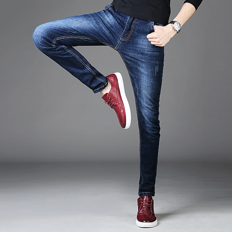 Классические мужские джинсы прямые синие Стрейчевые потертые джинсовые брюки
