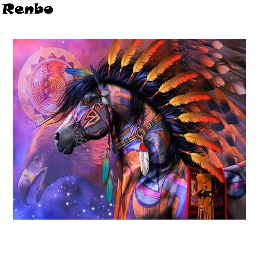 

Алмазная картина 5d "сделай сам", картина с изображением индийских лошадей и перьев, вышивка квадратными стразами, Набор для вышивки крестом, ...