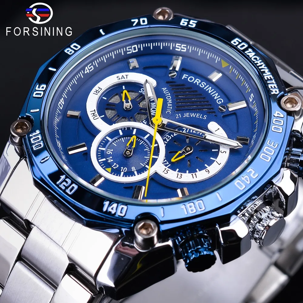 Forsining Fashion Blue Design Complete Calendar Three Small Dial Silver Stainless Steel Automatic Mechanical Watches for Men
Forsining Fashion Blue Design Complete Calendar Three Small Dial Silver Stainless Steel Automatic Mechanical Watches for Men