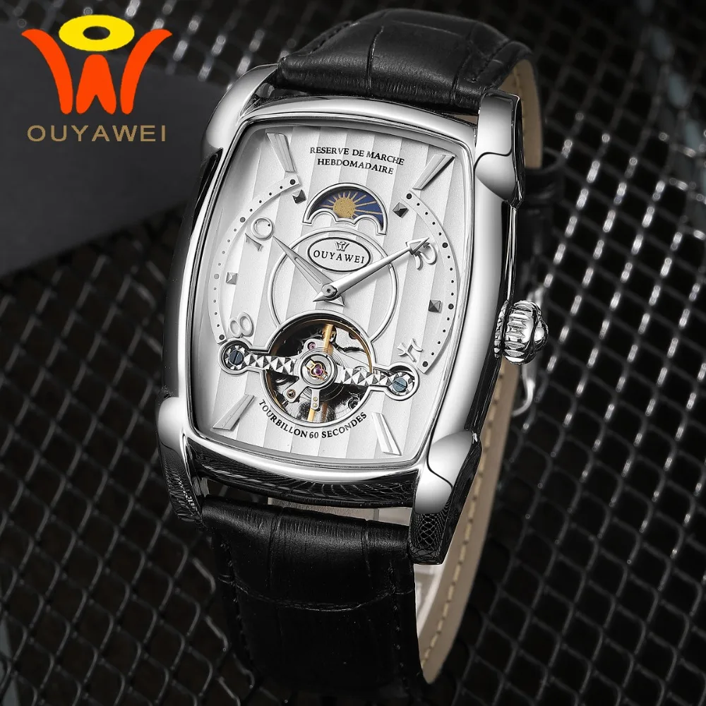 OUYAWEI 2018 Automatic Tourbillon Watch Men Mechanical Moon Phase Watches Silver Rectangle Case Black Leather Mens Wristwatches
OUYAWEI 2018 Automatic Tourbillon Watch Men Mechanical Moon Phase Watches Silver Rectangle Case Black Leather Mens Wristwatches
