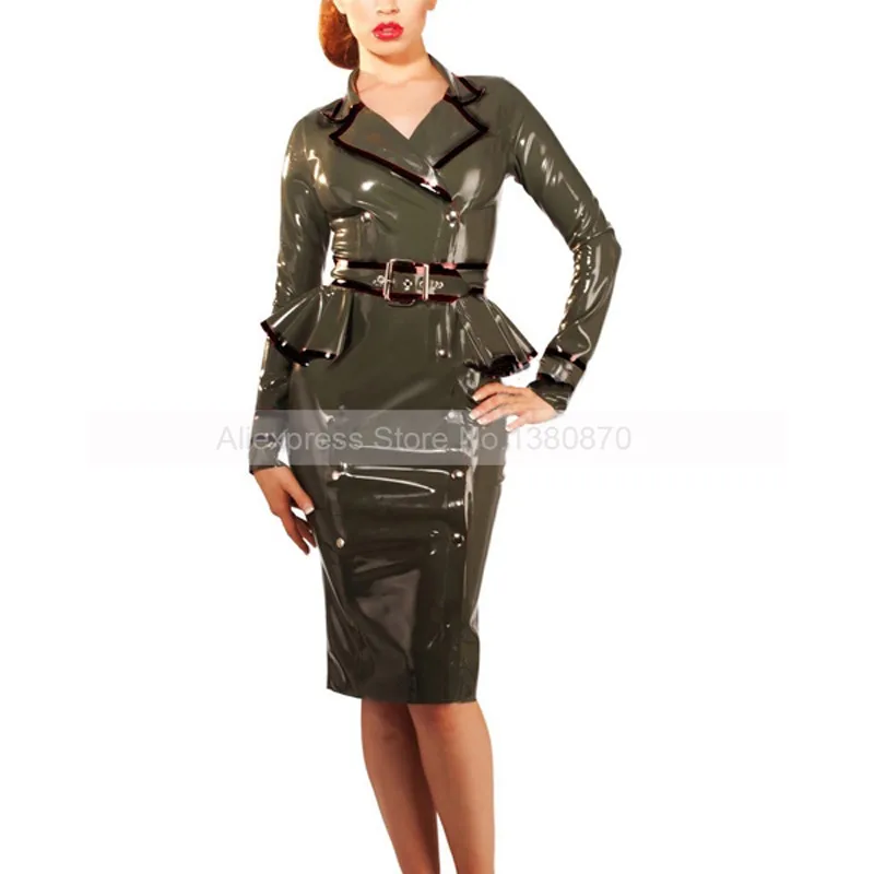 Sexy Army Green Women Rubber Latex Chic Uniform Dress Fetish Party Costumes with Belt Handmade S-LD153
Sexy Army Green Women Rubber Latex Chic Uniform Dress Fetish Party Costumes with Belt Handmade S-LD153