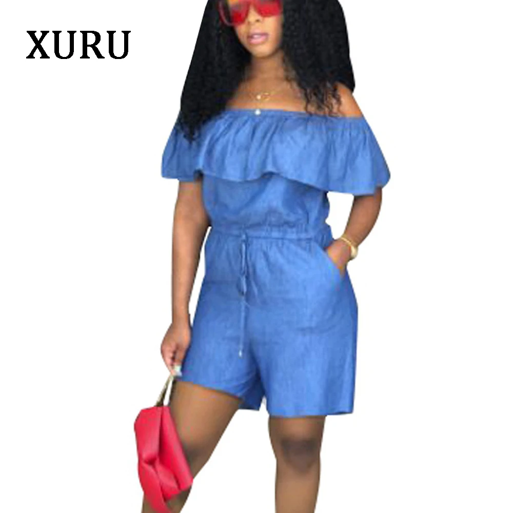 XURU Summer Women Off Shoulder Denim Jumpsuit Rompers Ruffle Neck Stretchy Waist Blue Denim Rompers Thin Style
XURU Summer Women Off Shoulder Denim Jumpsuit Rompers Ruffle Neck Stretchy Waist Blue Denim Rompers Thin Style