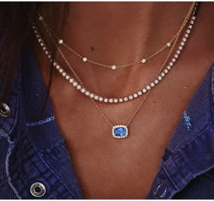 

Fashion creative multirow necklace for women with inlay rhinestone blue gem pendant design mixed link chains female halsketting