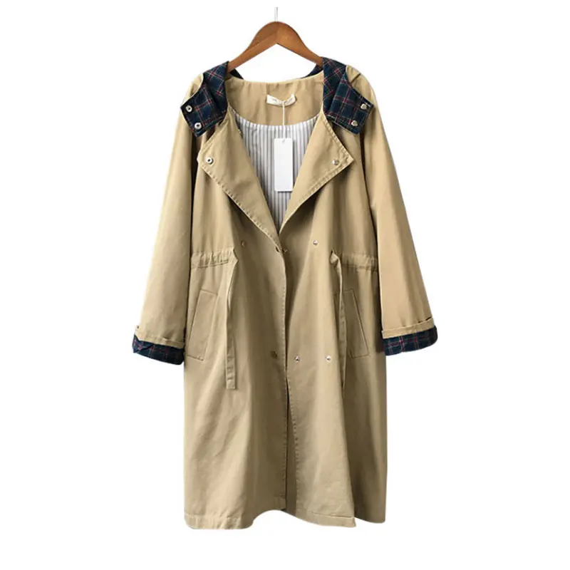 Trench Coat for Women with Hood Cotton Long Outerwear 90s Preppy Girls Full Sleeves Plaid Snap Button Khaki Female Windbreaker
Trench Coat for Women with Hood Cotton Long Outerwear 90s Preppy Girls Full Sleeves Plaid Snap Button Khaki Female Windbreaker