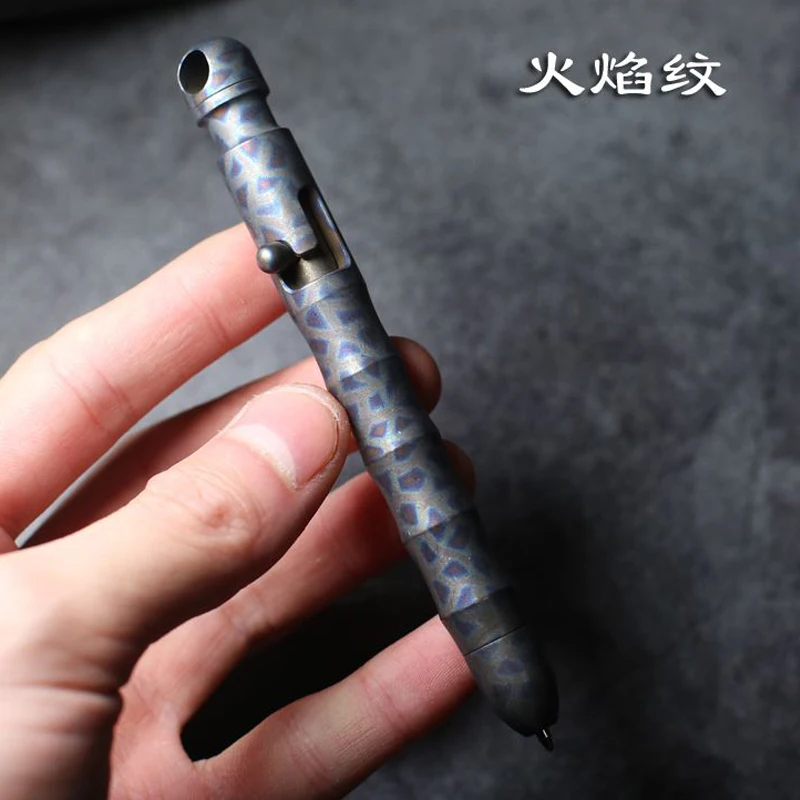 

EDC tactical pen flame pattern gold ring snake titanium alloy TC4 bolt type bamboo pen pen defense survival broken window write