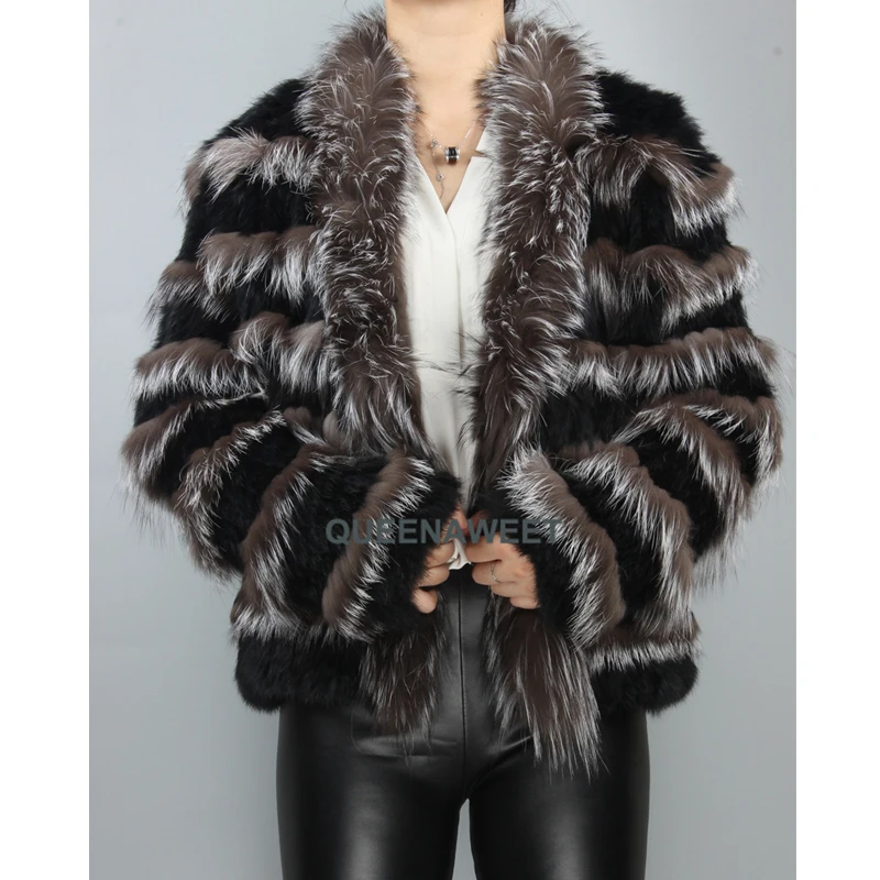 Real Fur Coat Knit Rabbit Fur With Natural Silver Fox Fur Collar Striped Jacket Wholesale Fur Coat Women Winter Outerwear
Real Fur Coat Knit Rabbit Fur With Natural Silver Fox Fur Collar Striped Jacket Wholesale Fur Coat Women Winter Outerwear