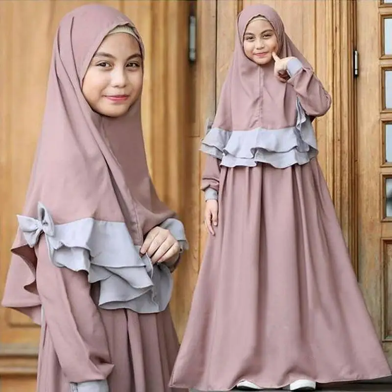 2PCS Traditional Flowers Kids Clothing Fashion Child Abaya Muslim Girl Dress Jilbab Islamic Children Hijab Dresses Sets | Тематическая