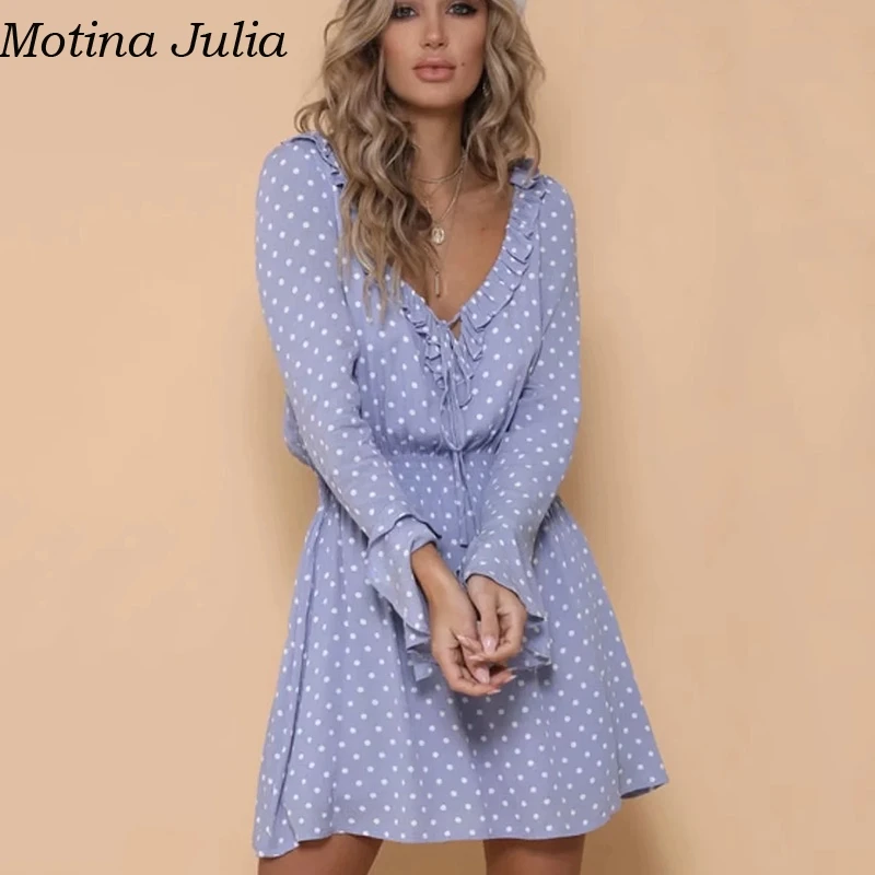 Motina Julia/короткое платье в горошек с рюшами женские осенние вечерние элегантные