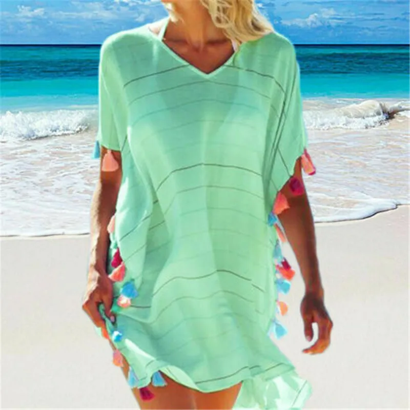 Women Perspective Striped Print Tassels Short mini Dress Newest Swimwear Beach style Casual Loose Blouse female clothes Holiday
Women Perspective Striped Print Tassels Short mini Dress Newest Swimwear Beach style Casual Loose Blouse female clothes Holiday