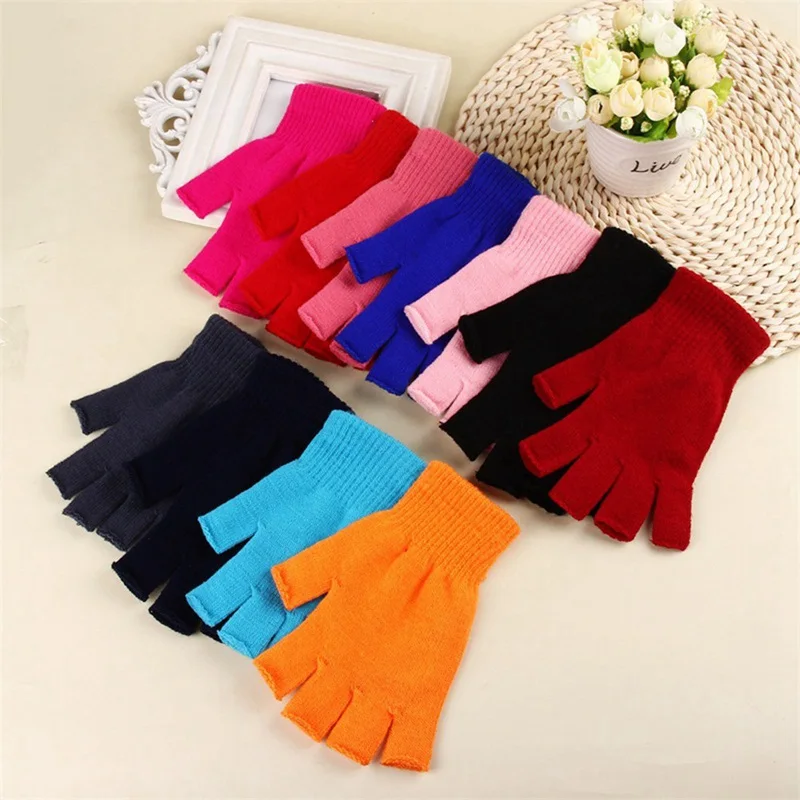 

Женские зимние трикотажные короткие перчатки, мягкие однотонные вязаные рукавицы с открытыми пальцами, 11 цветов, s