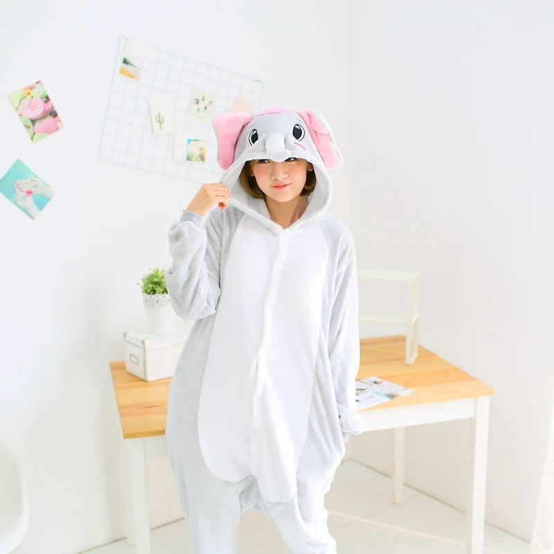 

Women Kigurumi Grey Elephant Pajamas Sets Flannel Hood Animal Pajamas Adult Winter Onesies Nightie Pyjamas Sleepwear Homewear