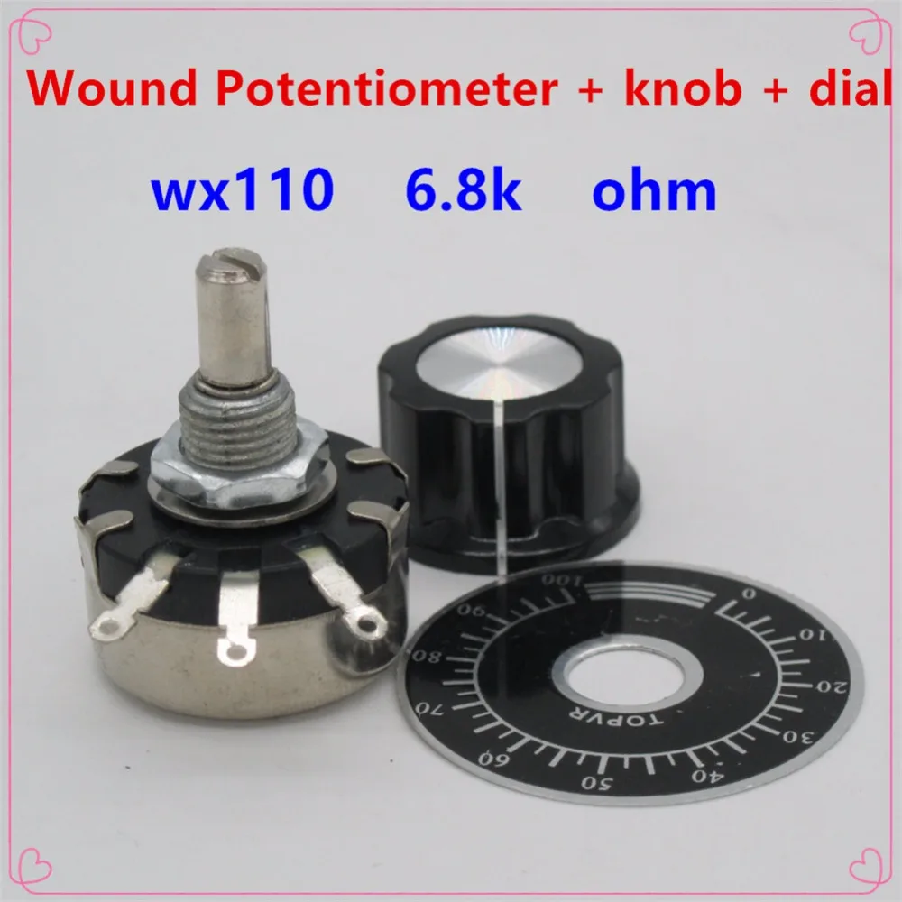 5pcs WX110(010) 6.8k ohm 3 Soldering Terminals 6mm Round Metal Shaft Single Turn Wire Wound Potentiometer+knob+ dial
5pcs WX110(010) 6.8k ohm 3 Soldering Terminals 6mm Round Metal Shaft Single Turn Wire Wound Potentiometer+knob+ dial