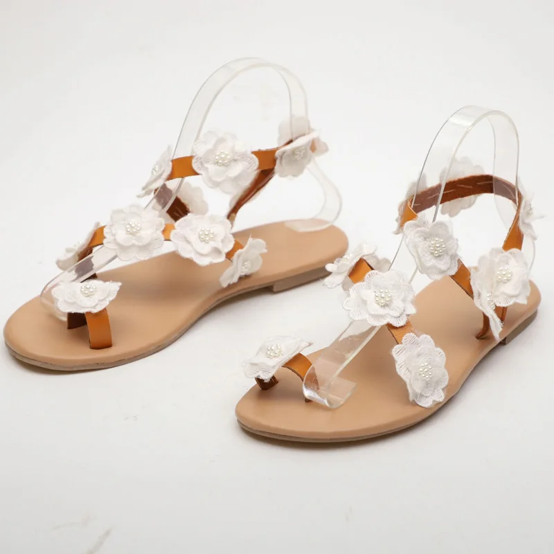 Женские босоножки на плоской подошве сандалии с белыми цветами Повседневная
