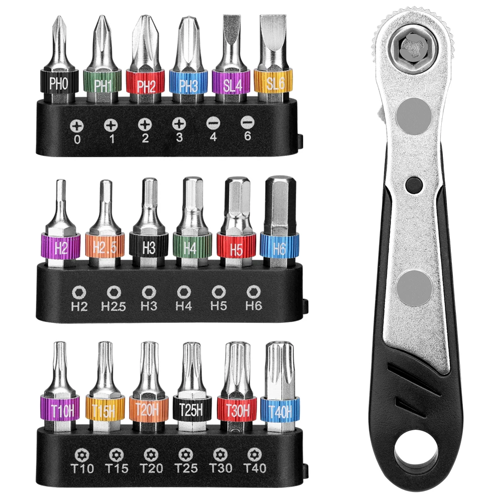 19 pcs Universal Micro Ratchet Wrench Screwdriver Bit Set With Reversible Drive Handle Phillips Tamper Torx 1/4"Drive Multi Bits
19 pcs Universal Micro Ratchet Wrench Screwdriver Bit Set With Reversible Drive Handle Phillips Tamper Torx 1/4"Drive Multi Bits